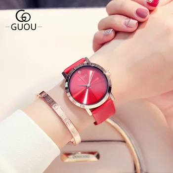 2018 Módne Guou Jednoduché Elegantné dámske Bežné Hodinky Quartz Analógové Originálne Kožené Nepremokavé Ženy Hodinky Dámske Náramkové hodinky