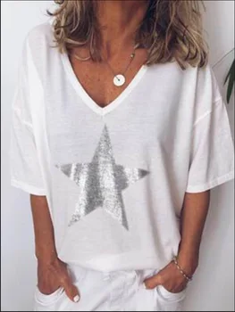 2019 Nové Módne tričko Ženy Flitrami tvaru Päť-špicaté hviezdy Topy Tees Žena Krátky Rukáv Street Dámy kód S-5XL