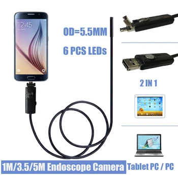 5,5 MM 6LED Android Smartphone, USB Endoskop Fotoaparát Vodotesný IP67 Inšpekcie Borescope Trubice Fotoaparát S 5 M, Pružné, Pevné Kábel