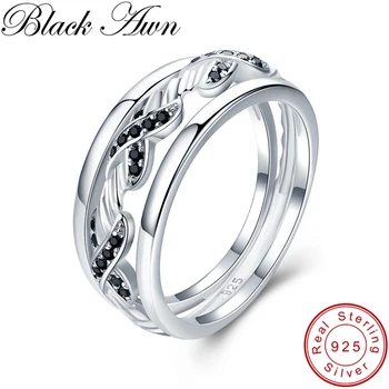 BLACK AWN 925 Sterling Silver Krúžok Čierny Spinelovou 'X' Kola Zásnubné Prstene pre Ženy, Striebro 925 Šperky G039