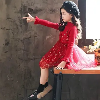 Dievčatá Princezná Šaty s Dlhým Rukávom na Jar a na Jeseň detské Oblečenie Nové kórejské Kvetinový O-krku Deti Zdobiť pre 3-13 Rokov