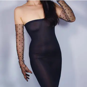 Dámske sexy transparentné dot tlače dlhé čierne sieťované rukavice žena lete opaľovací krém klub strane tanec rukavice R1998