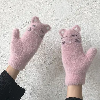 Dámy zimné rukavice plyšové roztomilé mačiatko, palčiaky pletenie plyšové rukavice na koni vetru