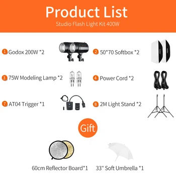 Godox 2x 400Ws Blesk 200Ws Studio Flash Light Kit s V-04 Spúšť + 50x70cm Softbox + 190 cm Svetelný Stojan s Reflektor