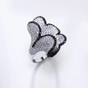 Irredular Kvet Krúžky Čierne a Biele Pripraviť Jet Clear Cubic Zirconia Crystal Očarujúce Leaf Šperky pre Ženy