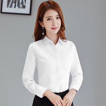 Kórejské Ženy Košele Biele Tričko pre Ženy, Dlhý Rukáv Košele, Blúzky, Office Lady Pevné Topy, Blúzky Plus Veľkosť Žena Bavlnené Tričko