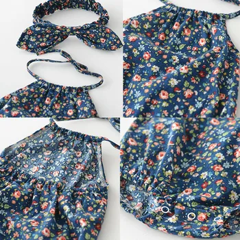 Letné Baby Girl Remienky Kvetinový Novorodenca Oblečenie 0-2Y Bavlna Dizajn Značky Romper Jumpsuit s hlavovým oblúkom jednodielnych