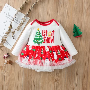 Ma&Dieťa 0-12M Moja 1. Vianočné Novorodenca Baby Girl Šaty s Dlhým Rukávom Čipky Romper Pletené Jumpsuit Vianočné Oblečenie