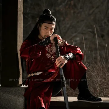 Muži Tradičný Čínsky Štýl, Oblečenie Hanfu Red Velvet Župan Vintage Výšivky Tang Vyhovovali Japonský Samuraj Cosplay Kostým Taška