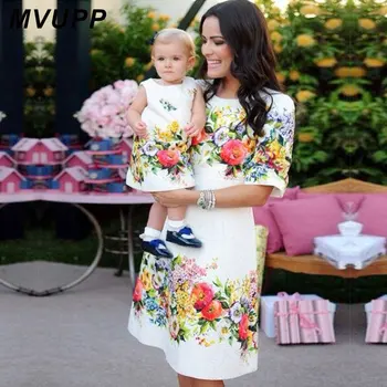 MVUPP mama a dcéra šaty rodiny zodpovedajúce oblečenie kvetinový tlač oblečenie pre maminku mi matka dieťa dievča večerné šaty vzhľad