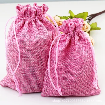 Nové 100 ks/veľa Pekná Ružová farba Bielizeň Textílie Juty Šnúrkou tašky Náušnice Brošňa šperky, Svadobné darčekový balíček tašky (7*9 cm)