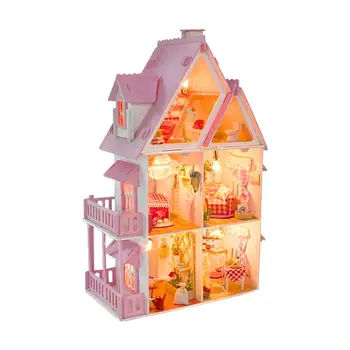 Nové 3D Drevená Bábika Dom Villa Nábytok DIY Miniatúrny Model 3D LED Svetlo Drevený domček pre bábiky Vianočné Darčeky, Hračky Pre Deti,