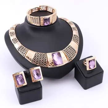 Nové Indiánske Šperky Sady Svadobné Svadobné Veľké Fialové Gem Crystal Dubaj Zlaté Šperky Sady pre Ženy Náhrdelník Náramok Náušnice, Prsteň