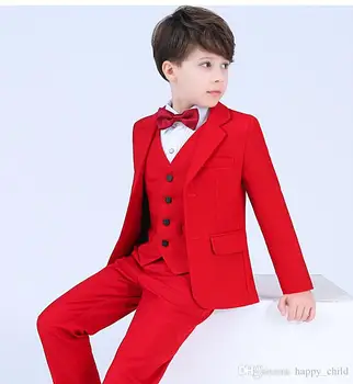 Nový Príchod Červenej Deti Tuxedos Pekný Primárne Učenec Detské Obleky Chlapec Prom Obleky (Bunda+Nohavice+Vesta+Kravatu) K:682