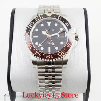 PARNIS Luxusné Mužov Darček Náramkové hodinky Dátum Okno Zafírové Sklo 40 mm, Strieborná Farba Sledovať GMT Funkcie Mentálna Náramok