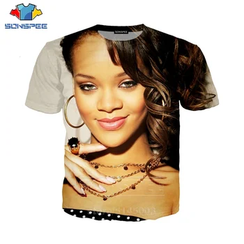 Rihanna T Shirt Lete Muži Ženy Mikina 3D Tlač Sexi Speváčka Krátky Rukáv Hip Hop Streetwear Topy O Krk Pulóver C059-02