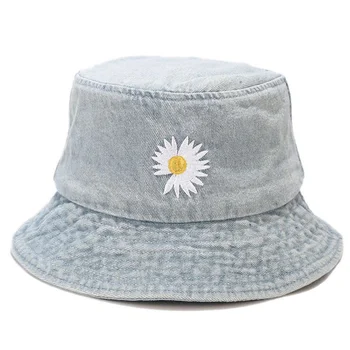 Unisex Daisy Výšivky Denim Flat Top Vedierko Hat Lete Hip Hop Blue Sun Hat Módne Rybár Klobúk Ženy