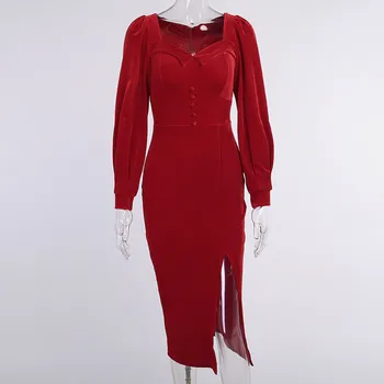 Zimné Jeseň Žien Plášť Maxi Šaty 2020 Elegantné Tlačidlo Rozdeliť Dlhý Rukáv V Krku Šaty Bežné Žena Červená Party Šaty Vestidos