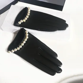 Ženy ' a módy, prírodnej ovčej kože vodičské rukavice lady elegant pearl korálkové pravej kože dotykový displej rukavice čierne