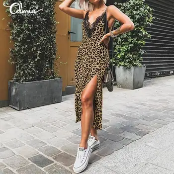 2021 Lete Celmia Sexy Bez Rukávov Popruh Sundress Ženy Leopard Tlač Split Šaty Bežné Čipky Šitie Midi Šaty Župan Vestidos