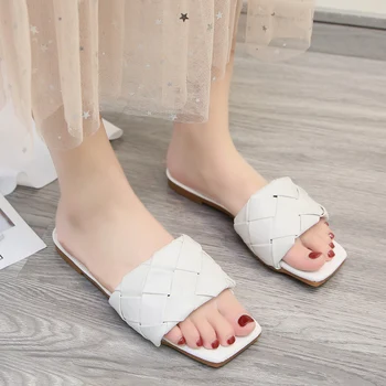 ADBOOV Štvorcové Prst Kožené Papuče Ženy Ženy Flip Flops Väzbe Ploché Listy Sandále Módne Letné Topánky