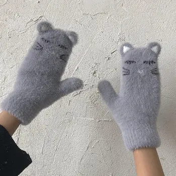 Dámy zimné rukavice plyšové roztomilé mačiatko, palčiaky pletenie plyšové rukavice na koni vetru