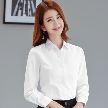 Kórejské Ženy Košele Biele Tričko pre Ženy, Dlhý Rukáv Košele, Blúzky, Office Lady Pevné Topy, Blúzky Plus Veľkosť Žena Bavlnené Tričko