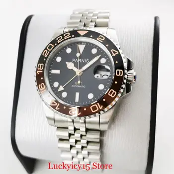 PARNIS Luxusné Mužov Darček Náramkové hodinky Dátum Okno Zafírové Sklo 40 mm, Strieborná Farba Sledovať GMT Funkcie Mentálna Náramok