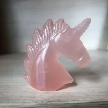 Prírodné Rose Ružový Kremeň Jednorožec Rezbárstvo Konské hlavy, Lebky Figurin