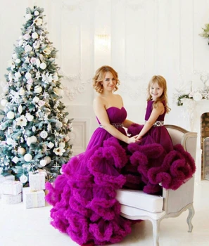 Purple Prom Šaty Pre Matku A Dcéru Formálnej Strany Noc Večerné Šaty 2020 Lištovanie Crystal Elegantné Volániky Vestido Fiesta
