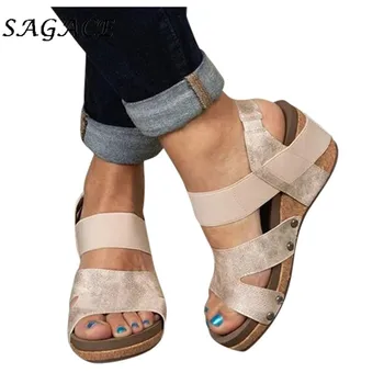 SAGACE Sexy Vysoké Podpätky Klin Papuče Ženy Kožené Sandále Plus Veľkosť Pláži Letné Sandále na Platforme Členok Popruhu Topánky Sandále