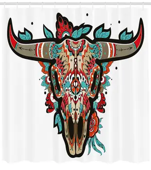 Western Sprchový Záves Buffalo Cukru Mexickej Lebky Farebné Ozdobné Dizajn Rohaté Zviera Trofej Polyester Textílie Kúpeľňa Decor