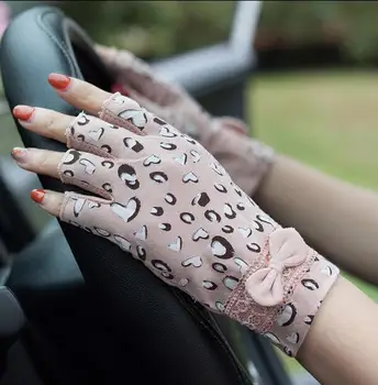 Dámske jarné a letné bavlna leopard vodičské rukavice lady lete opaľovací krém slip-dôkaz rukavice sexy bezprstové rukavice R360