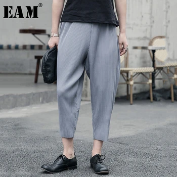 [EAM] Vysoko Elastický Pás Čierne Skladaný Dlho Hárem Nohavice Nové Loose Fit, Nohavice Ženy Móda Príliv Jar Jeseň 2021 1R612