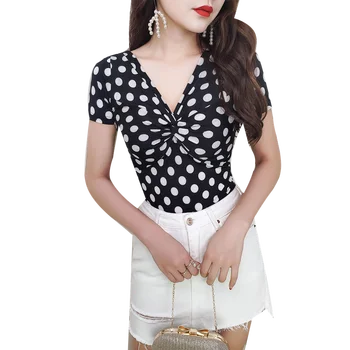2019 Lete kórejský Edition Žena Plus Veľkosť Krátke Rukáv V krku Polka Dot Print T Shirt Sexy Slim Fit Club Tričko Tanec T-shirt