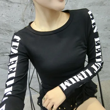 2020 jeseň nové tlačené šnúrkou t-shirt kórejská verzia slim all-zápas klesnutie tričko dámske topy
