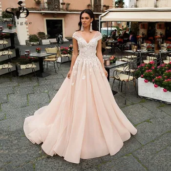 2020 Mimo Rameno Svadobné Šaty-Line Ružovej Čipky Appliques Boho Svadobné Šaty Princezná Svadobné Šaty Pre Ženy