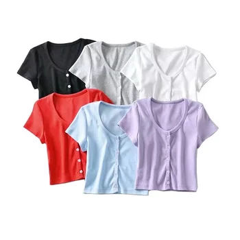 90 Vintage O krk Krátke Sleeve Tee Base T-shirts 2020 Cool Dievča Single-breasted Tlačidlo Krátke tričko plodín top biela 4 farby