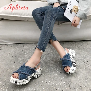 Aphixta Platformu Sandále Ženy Klinové Podpätky, Topánky Ženy Pracky Denim Jean Lete Zapatos Mujer Plátno Papuče Žena Sandál
