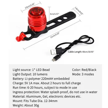 Bicykel Zadné Svetlo na Bicykel Varovanie Lampa USB Nabíjanie Červené, Biele Svetlo, Farba Bezpečnostné Svetlometov 3 Režimy Silné Svetlo Nízka Svetlo Blesku