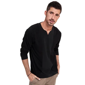 KUEGOU jednofarebné Bavlnené Spandex Oblečenie na Jar Muž T-shirt Long Sleeve Módy V-Neck T Shirt Mužov Tričko Bielej hore 88077