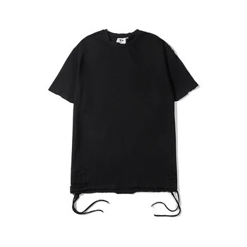 Letné black & white Roztrhlo Otvor Bavlna Nadrozmerná ribbonT-shirt Putá Krátke Raglánové Tričko Kanye Streetwear Hip hop