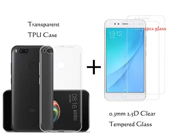 Pre Xiao Mi A1 pre mi 5X Transparentné Silikónové TPU Nárazníka Vankúš Zadný Kryt Prípade 0,3 MM 2.5 D 9H Tvrdeného Skla Screen Protector