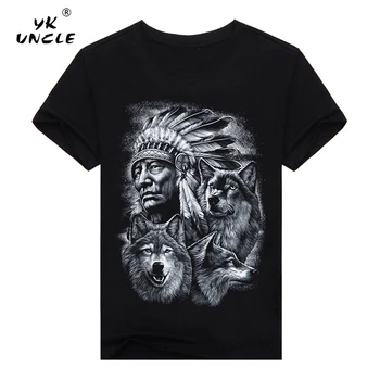 YK STRÝKO Značky 2018 Módne Indiánsky Náčelník & Wolf Totem 3D Vytlačené T tričko Cool Bavlna Tee tričko Mužov Rock tričko Plus Veľkosti M-XXXL