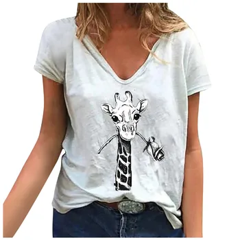 Ženy T-Shirts Letné Topy Harajuku Vintage T Shirt Ženy Módne T-Shirts Voľné Žirafa Mäkké Príčinné tričko Krátky Rukáv Top
