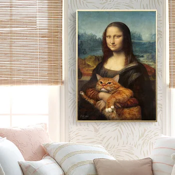 Nordic Štýl Minimalizmus Mona Lisa Plagát Mačka Zvierat Wall Art Plátno, Vytlačí Pivo Maľovať Obrázky Obývacia Izba Moderného Domova