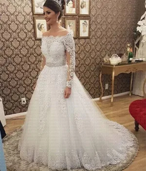 Vestido De Noiva Loď Krku, Dlhými Rukávmi 2 v 1 Svadobné Šaty 2021 Luxusné Nevesta Šaty Župan De Mariee Svadobné Šaty