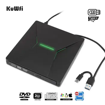 KuWfi USB 3.0 Typ C Prenosný vysokorýchlostné DVD+/RW Napaľovačka S Farebné Svetlo DVD Dirve Prehrávač Pre Macbook/Okno OS Počítača