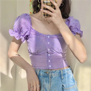 Kórejská verzia dievča bublina rukáv námestie golier francúzsky shirt design zmysel nika fialová kockované košele, ženské krátky rukáv