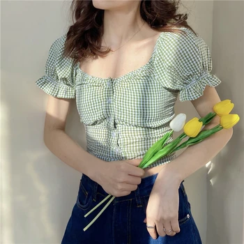 Kórejská verzia dievča bublina rukáv námestie golier francúzsky shirt design zmysel nika fialová kockované košele, ženské krátky rukáv